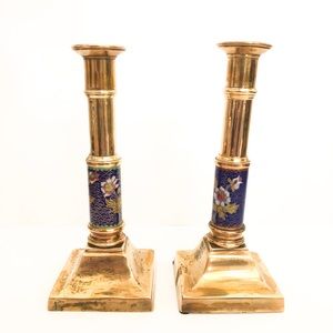 Vintage Cloisonné Brass Candlesticks